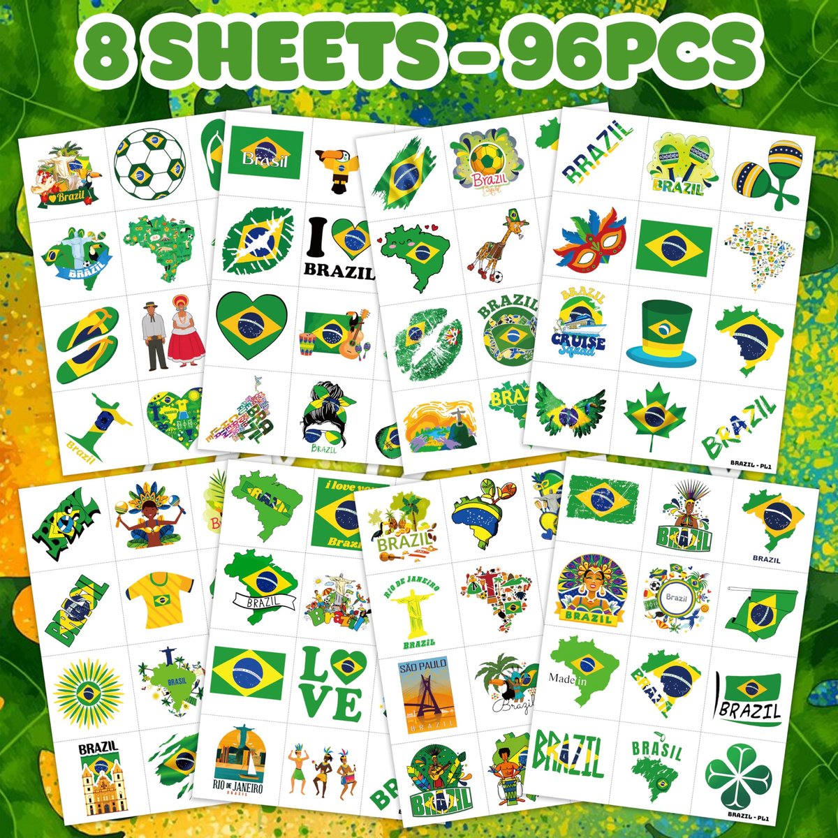 96 PCS Brazil Brazilian Pre-Cut Temporary Tattoos - Themed Birthday Party Supplies, Soccer Carnival Tattoo Stickers for Kids & Adults - görsel 5