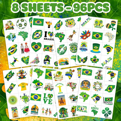 96 PCS Brazil Brazilian Pre-Cut Temporary Tattoos - Themed Birthday Party Supplies, Soccer Carnival Tattoo Stickers for Kids & Adults