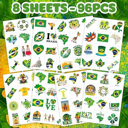 96 PCS Brazil Brazilian Pre-Cut Temporary Tattoos - Themed Birthday Party Supplies, Soccer Carnival Tattoo Stickers for Kids & Adults - görsel 6