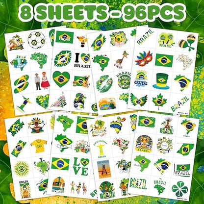 96 PCS Brazil Brazilian Pre-Cut Temporary Tattoos - Themed Birthday Party Supplies, Soccer Carnival Tattoo Stickers for Kids & Adults