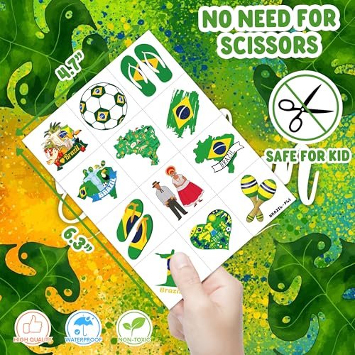 96 PCS Brazil Brazilian Pre-Cut Temporary Tattoos - Themed Birthday Party Supplies, Soccer Carnival Tattoo Stickers for Kids & Adults - görsel 10