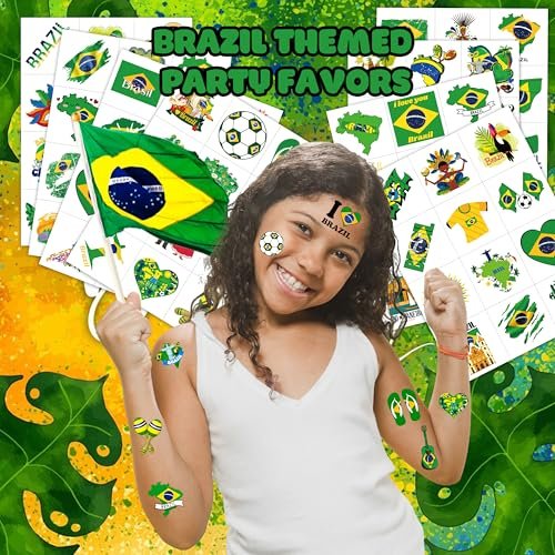 96 PCS Brazil Brazilian Pre-Cut Temporary Tattoos - Themed Birthday Party Supplies, Soccer Carnival Tattoo Stickers for Kids & Adults - görsel 4