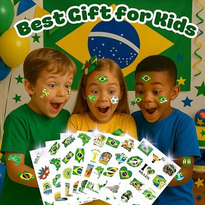 96 PCS Brazil Brazilian Pre-Cut Temporary Tattoos - Themed Birthday Party Supplies, Soccer Carnival Tattoo Stickers for Kids & Adults