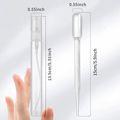 uadbau Mini Spray Bottle Set – 5 x 10ml Refillable Perfume Atomizers with 3 Transfer Pipettes, Clear Plastic Travel Spray Bottles for Perfume, Skincare, and Hair Sprays