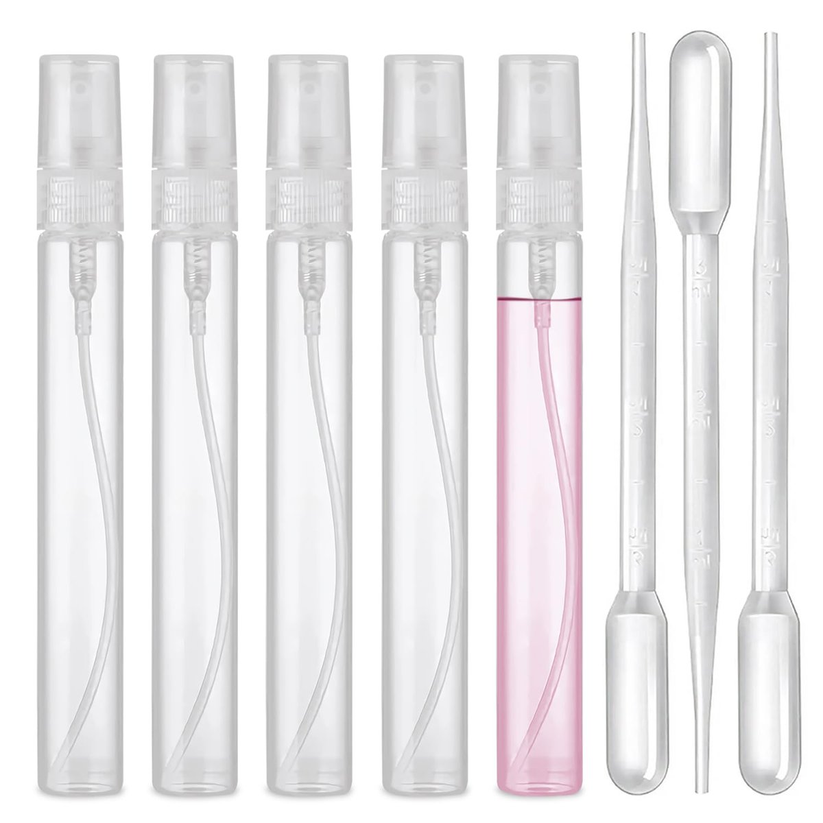 uadbau Mini Spray Bottle Set – 5 x 10ml Refillable Perfume Atomizers with 3 Transfer Pipettes, Clear Plastic Travel Spray Bottles for Perfume, Skincare, and Hair Sprays - görsel 1