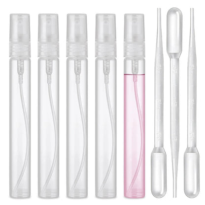 uadbau Mini Spray Bottle Set – 5 x 10ml Refillable Perfume Atomizers with 3 Transfer Pipettes, Clear Plastic Travel Spray Bottles for Perfume, Skincare, and Hair Sprays