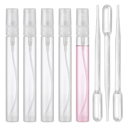 uadbau Mini Spray Bottle Set – 5 x 10ml Refillable Perfume Atomizers with 3 Transfer Pipettes, Clear Plastic Travel Spray Bottles for Perfume, Skincare, and Hair Sprays - görsel 2