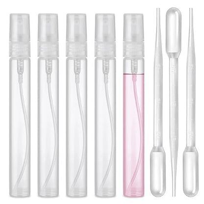 uadbau Mini Spray Bottle Set – 5 x 10ml Refillable Perfume Atomizers with 3 Transfer Pipettes, Clear Plastic Travel Spray Bottles for Perfume, Skincare, and Hair Sprays