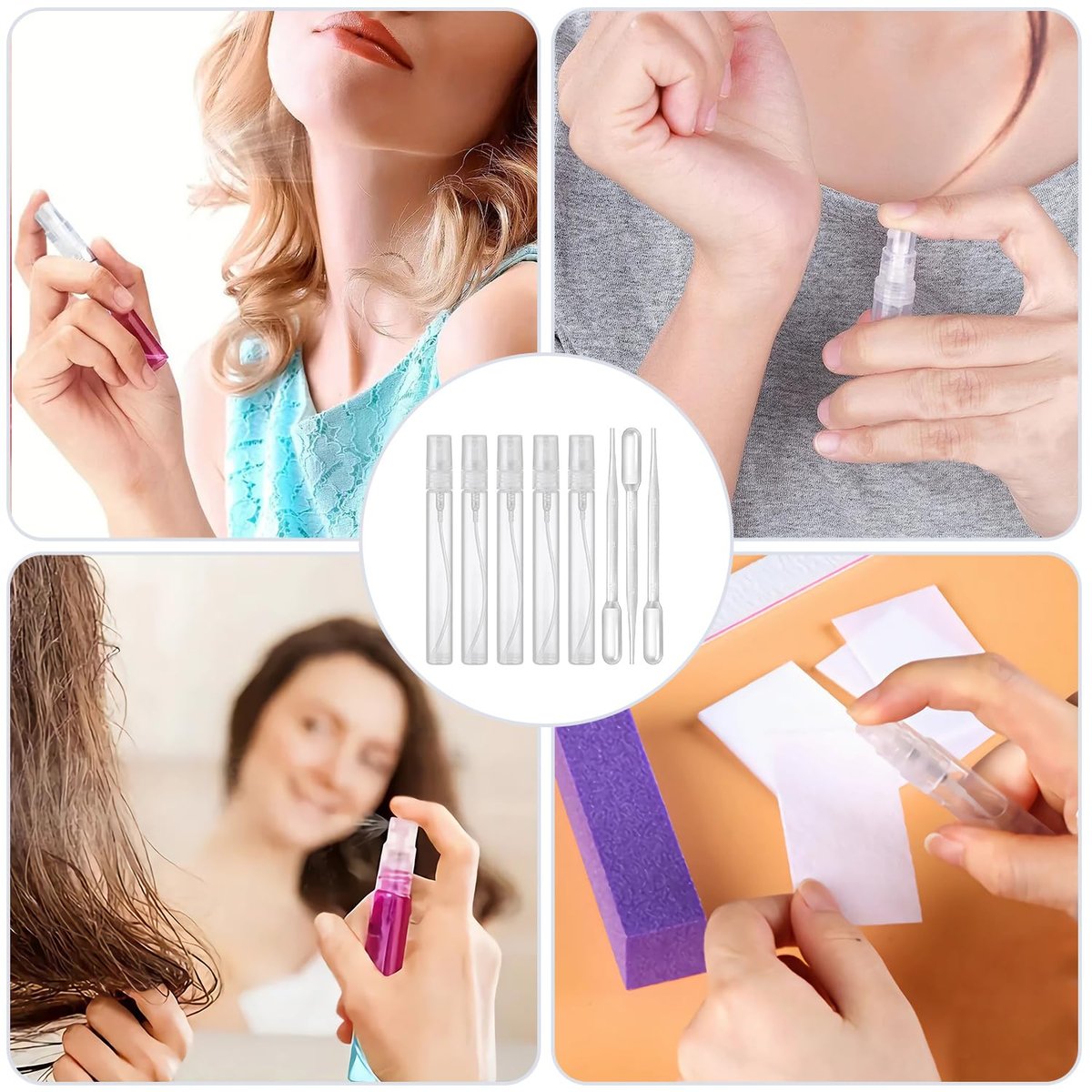 uadbau Mini Spray Bottle Set – 5 x 10ml Refillable Perfume Atomizers with 3 Transfer Pipettes, Clear Plastic Travel Spray Bottles for Perfume, Skincare, and Hair Sprays - görsel 7