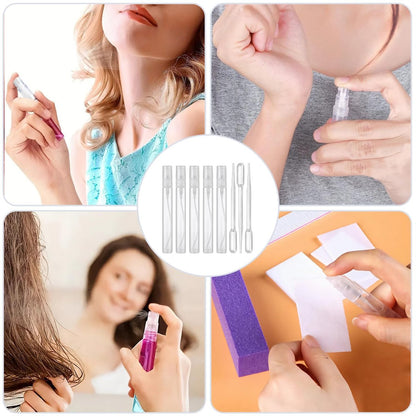 uadbau Mini Spray Bottle Set – 5 x 10ml Refillable Perfume Atomizers with 3 Transfer Pipettes, Clear Plastic Travel Spray Bottles for Perfume, Skincare, and Hair Sprays