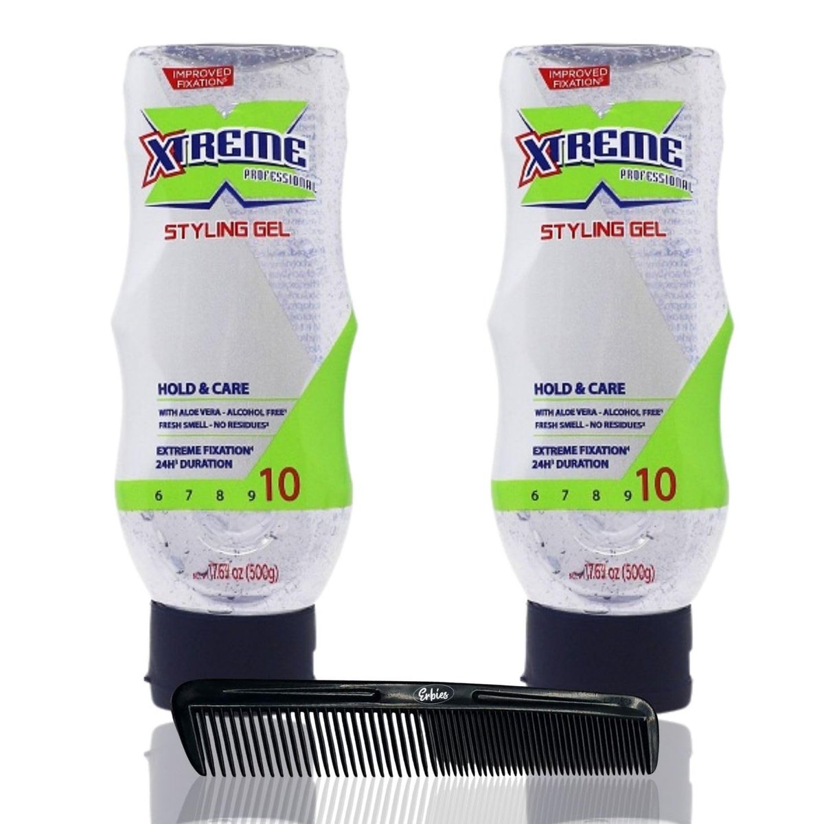 Erbies Xtreme Hair Gel Squeeze (Transparent) 17.64 oz (Pack of 2) with Complimentary Comb - Extreme Hold Styling Gel - görsel 1