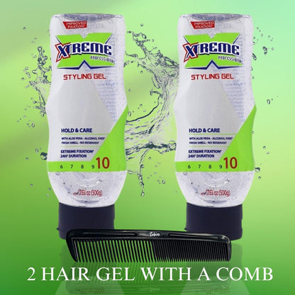 Erbies Xtreme Hair Gel Squeeze (Transparent) 17.64 oz (Pack of 2) with Complimentary Comb - Extreme Hold Styling Gel