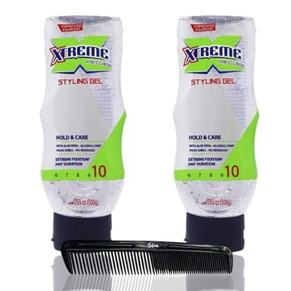 Erbies Xtreme Hair Gel Squeeze (Transparent) 17.64 oz (Pack of 2) with Complimentary Comb - Extreme Hold Styling Gel
