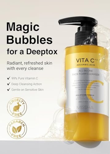 MISSHA Vita C All-In-One Bubble Foam Facial Cleanser - 6.76 fl oz (200ml) - Deep Pore Detox with 99% Pure Vitamin C, Korean Face Wash for Impurities, Makeup, Blackheads, Whiteheads Avelisse