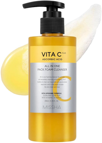 MISSHA Vita C All-In-One Bubble Foam Facial Cleanser - 6.76 fl oz (200ml) - Deep Pore Detox with 99% Pure Vitamin C, Korean Face Wash for Impurities, Makeup, Blackheads, Whiteheads Avelisse