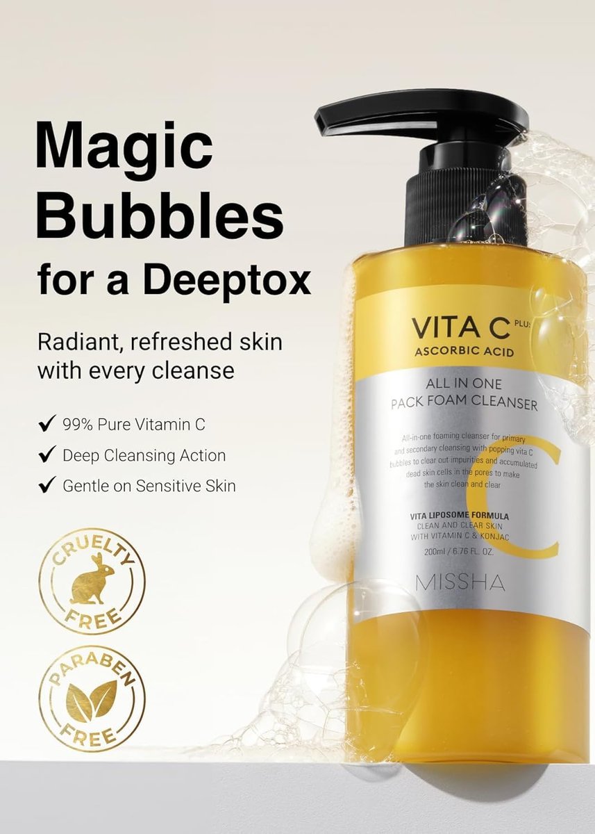 MISSHA Vita C All-In-One Bubble Foam Facial Cleanser - 6.76 fl oz (200ml) - Deep Pore Detox with 99% Pure Vitamin C, Korean Face Wash for Impurities, Makeup, Blackheads, Whiteheads Avelisse