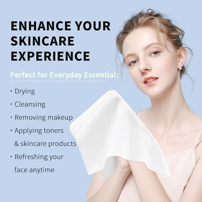 Skinsfairy Disposable Face Towels - Ultra Soft Biodegradable Dry Wipes, 50 Count Large 10x10'' Towelettes for Cleansing, Makeup Removal, Skincare, Sensitive Skin, Nursing, Travel
