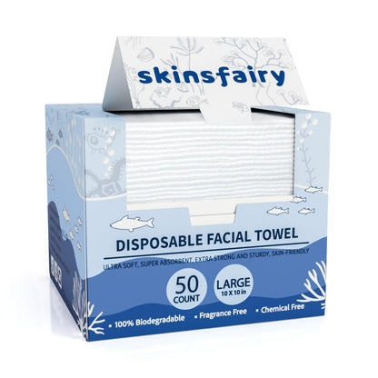 Skinsfairy Disposable Face Towels - Ultra Soft Biodegradable Dry Wipes, 50 Count Large 10x10'' Towelettes for Cleansing, Makeup Removal, Skincare, Sensitive Skin, Nursing, Travel