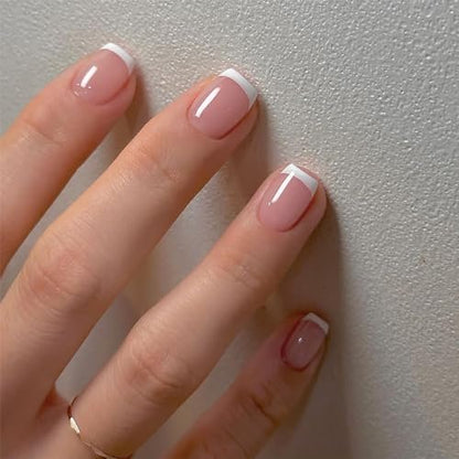 24 Pcs White French Tip Press on Nails Short Petite Square Fake Nails Glossy Nude Pink Reusable Acrylic Stick On Nails for Women Girls DIY Manicure Avelisse