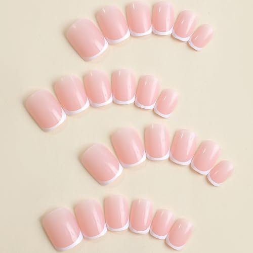 24 Pcs White French Tip Press on Nails Short Petite Square Fake Nails Glossy Nude Pink Reusable Acrylic Stick On Nails for Women Girls DIY Manicure Avelisse