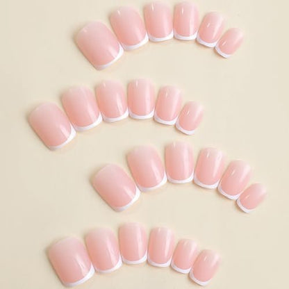 24 Pcs White French Tip Press on Nails Short Petite Square Fake Nails Glossy Nude Pink Reusable Acrylic Stick On Nails for Women Girls DIY Manicure Avelisse