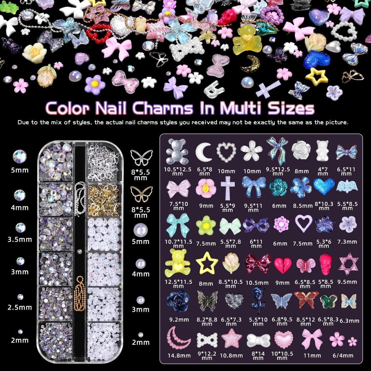 3D Nail Charms Set - Color Flower Bow Moon Heart Star Nail Art Charms, Half Round Pearl & Flatback Gems AB, Hollow Butterfly Alloy Nail Art Supplies DIY Accessories - görsel 3