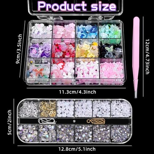 3D Nail Charms Set - Color Flower Bow Moon Heart Star Nail Art Charms, Half Round Pearl & Flatback Gems AB, Hollow Butterfly Alloy Nail Art Supplies DIY Accessories - görsel 6