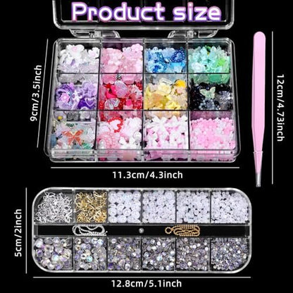 3D Nail Charms Set - Color Flower Bow Moon Heart Star Nail Art Charms, Half Round Pearl & Flatback Gems AB, Hollow Butterfly Alloy Nail Art Supplies DIY Accessories