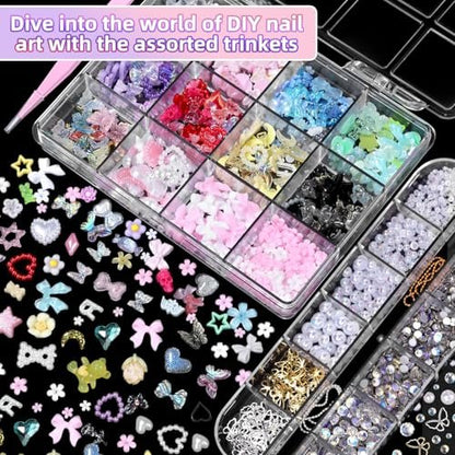 3D Nail Charms Set - Color Flower Bow Moon Heart Star Nail Art Charms, Half Round Pearl & Flatback Gems AB, Hollow Butterfly Alloy Nail Art Supplies DIY Accessories