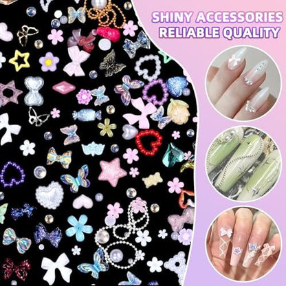 3D Nail Charms Set - Color Flower Bow Moon Heart Star Nail Art Charms, Half Round Pearl & Flatback Gems AB, Hollow Butterfly Alloy Nail Art Supplies DIY Accessories