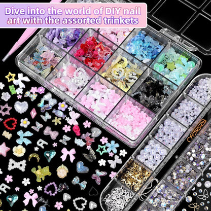 3D Nail Charms Set - Color Flower Bow Moon Heart Star Nail Art Charms, Half Round Pearl & Flatback Gems AB, Hollow Butterfly Alloy Nail Art Supplies DIY Accessories