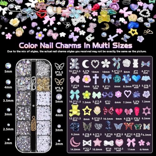 3D Nail Charms Set - Color Flower Bow Moon Heart Star Nail Art Charms, Half Round Pearl & Flatback Gems AB, Hollow Butterfly Alloy Nail Art Supplies DIY Accessories - görsel 4