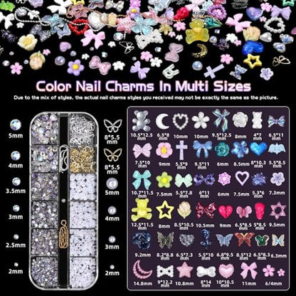 3D Nail Charms Set - Color Flower Bow Moon Heart Star Nail Art Charms, Half Round Pearl & Flatback Gems AB, Hollow Butterfly Alloy Nail Art Supplies DIY Accessories