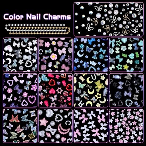 3D Nail Charms Set - Color Flower Bow Moon Heart Star Nail Art Charms, Half Round Pearl & Flatback Gems AB, Hollow Butterfly Alloy Nail Art Supplies DIY Accessories - görsel 8