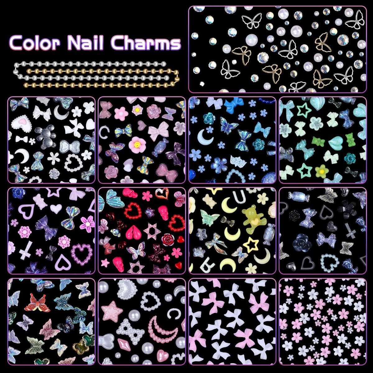 3D Nail Charms Set - Color Flower Bow Moon Heart Star Nail Art Charms, Half Round Pearl & Flatback Gems AB, Hollow Butterfly Alloy Nail Art Supplies DIY Accessories - görsel 7