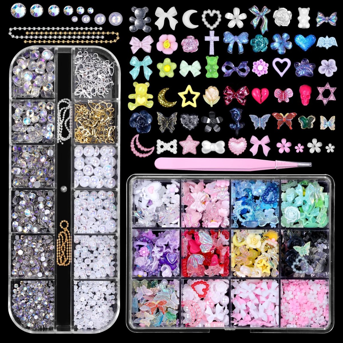 3D Nail Charms Set - Color Flower Bow Moon Heart Star Nail Art Charms, Half Round Pearl & Flatback Gems AB, Hollow Butterfly Alloy Nail Art Supplies DIY Accessories - görsel 1