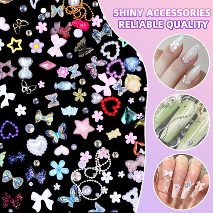 3D Nail Charms Set - Color Flower Bow Moon Heart Star Nail Art Charms, Half Round Pearl & Flatback Gems AB, Hollow Butterfly Alloy Nail Art Supplies DIY Accessories