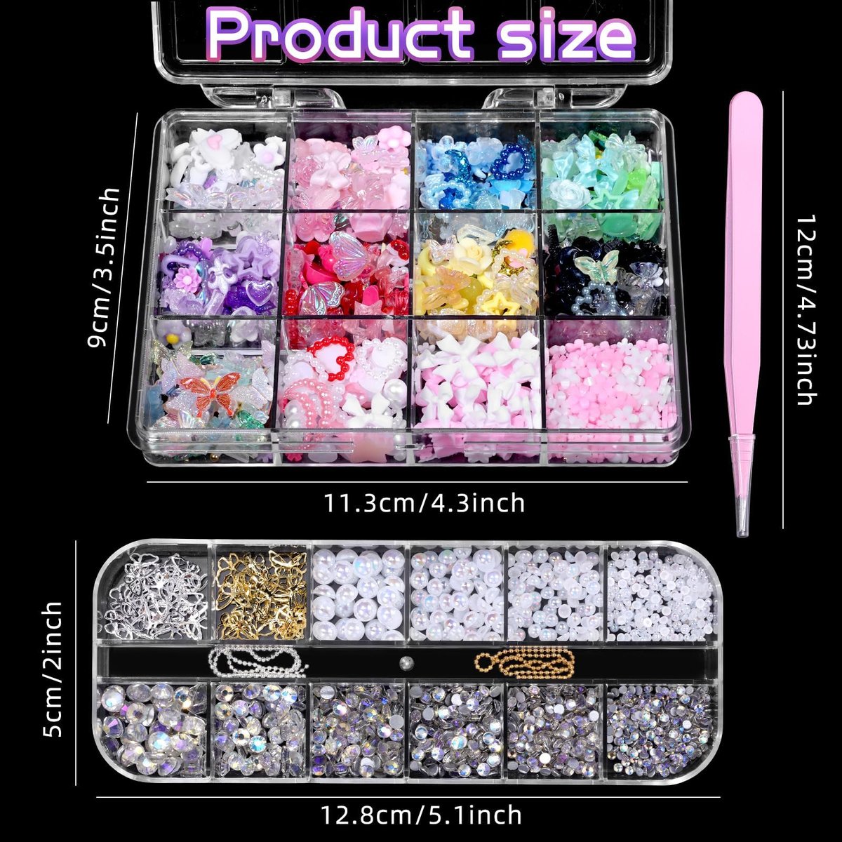 3D Nail Charms Set - Color Flower Bow Moon Heart Star Nail Art Charms, Half Round Pearl & Flatback Gems AB, Hollow Butterfly Alloy Nail Art Supplies DIY Accessories - görsel 5