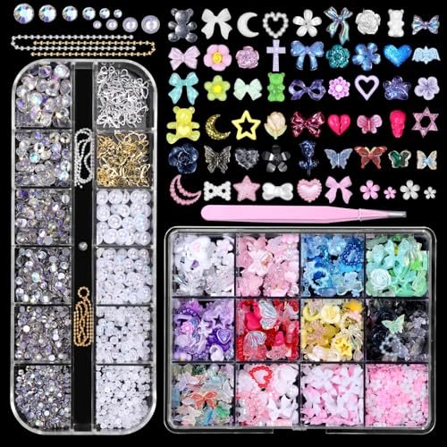 3D Nail Charms Set - Color Flower Bow Moon Heart Star Nail Art Charms, Half Round Pearl & Flatback Gems AB, Hollow Butterfly Alloy Nail Art Supplies DIY Accessories - görsel 2