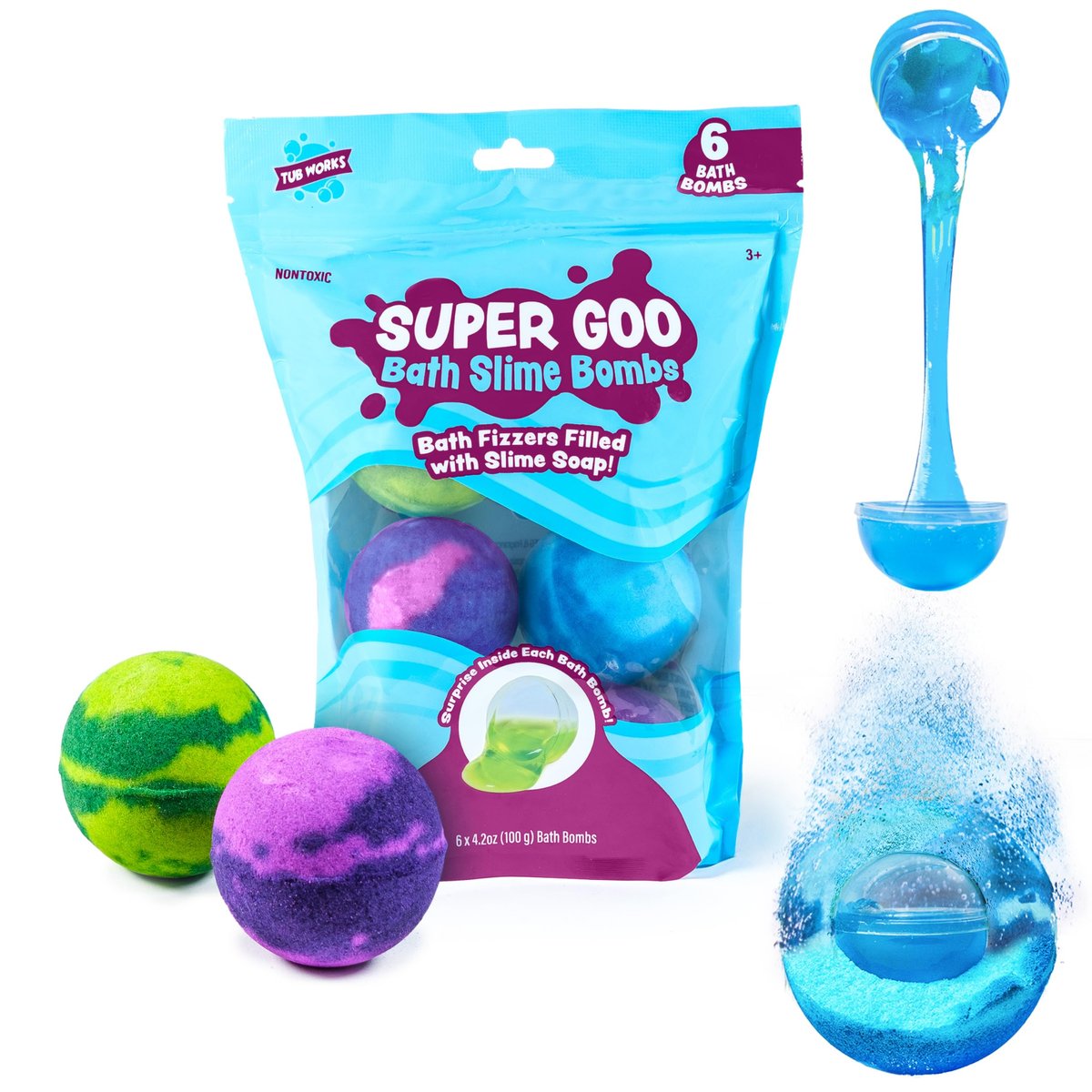 Tub Works Super Goo Bath Slime Surprise Bombs, 6 Pack - Nontoxic Stretchy Slime Soap with Toy Inside for Kids Avelisse