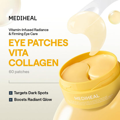 Mediheal Vita Collagen Under Eye Patches - Korean Hydrogel Eye Pads (60 Patches) with 7 Vitamins & 5 Micro Collagen, Moisturizing & Non-Irritating Eye Gel Mask, Sealing Cap Included