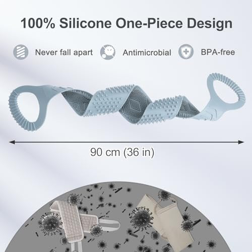 FREATECH Silicone Back Scrubber for Shower Men - Dual-Sided Exfoliator Washer Scrub Strap, 36 Inch Grey Avelisse