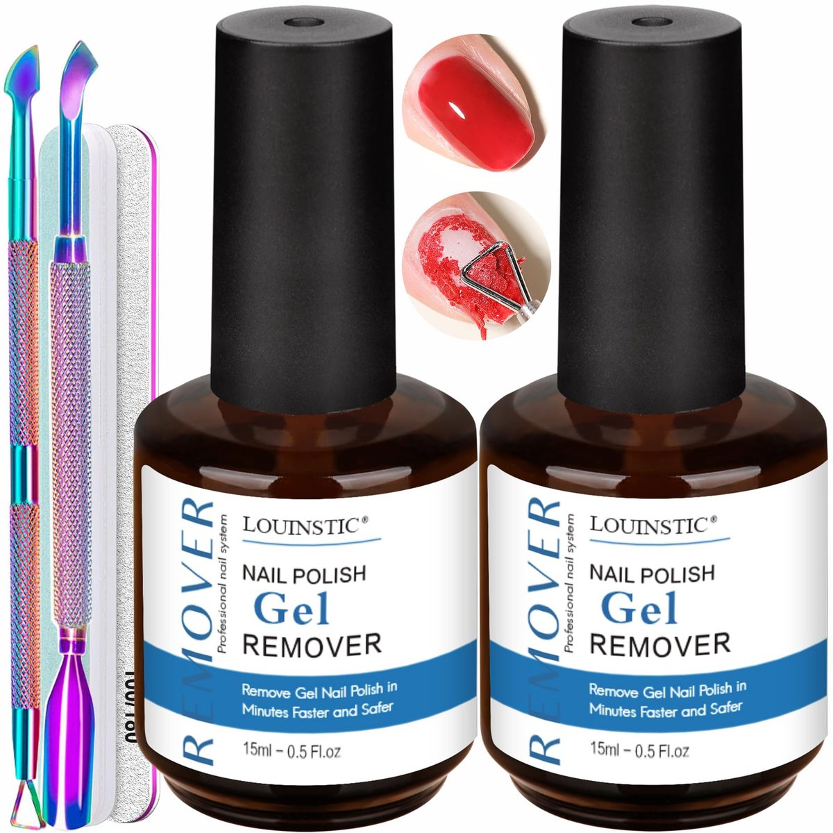 2-Pack Gel Nail Polish Remover with Steel Pusher, Scraper & 2 Nail Files – Fast 2-5 Minute Removal, No Wrapping or Soaking Required Avelisse