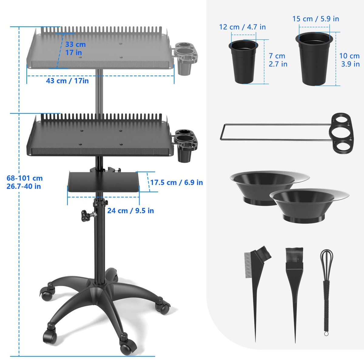 ZHOOGE Hairstylist Rolling Cart - Salon Trolley with Storage Platform & Hair Separator Stand, Black Avelisse
