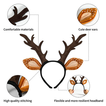 Woxafo Deer Antlers Headband - Cute Reindeer Horns & Ears Costume Accessories for Women Adults, Perfect for Halloween Christmas Cosplay