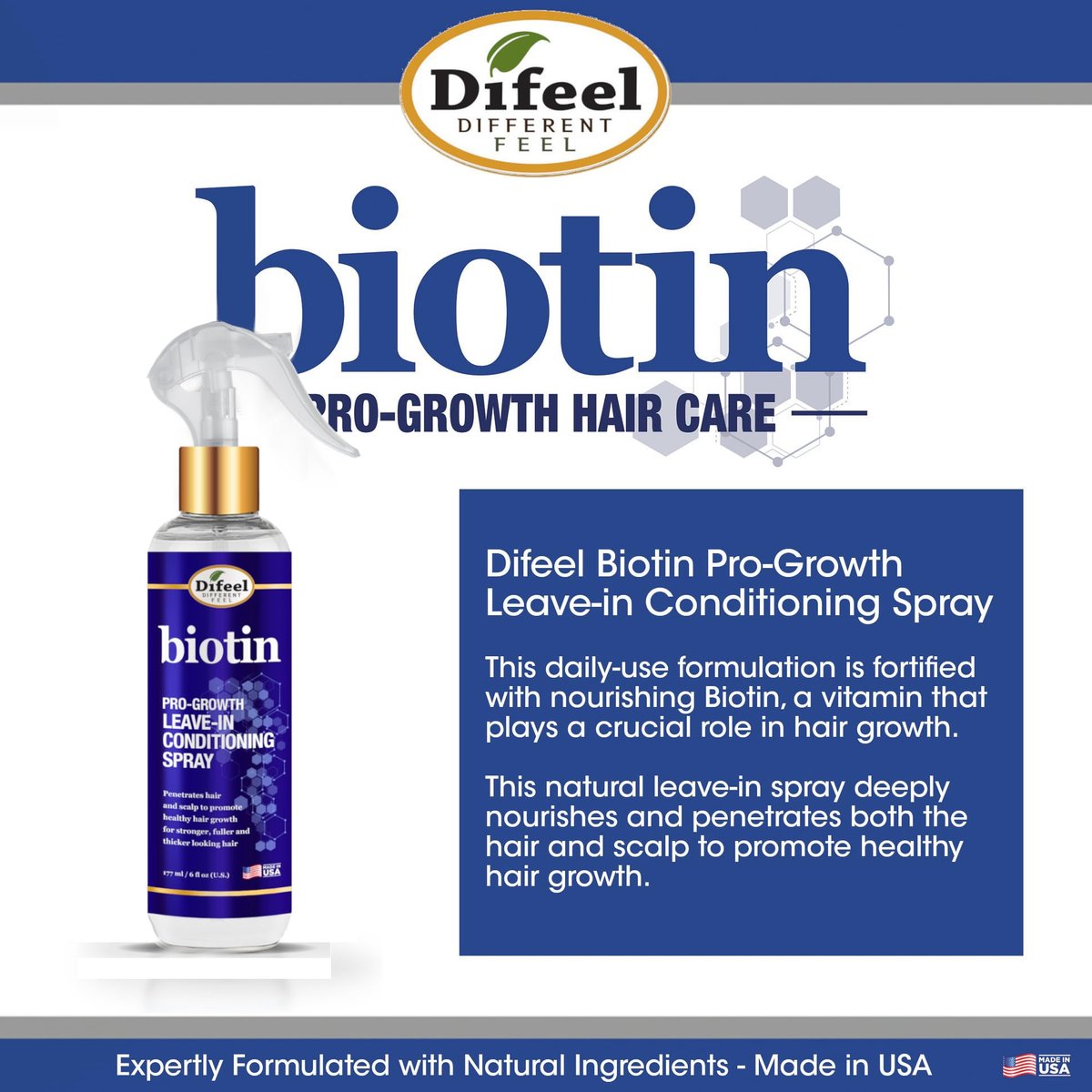 Difeel Elevated Biotin Pro-Growth Leave in Conditioning Spray 8 oz. - görsel 7
