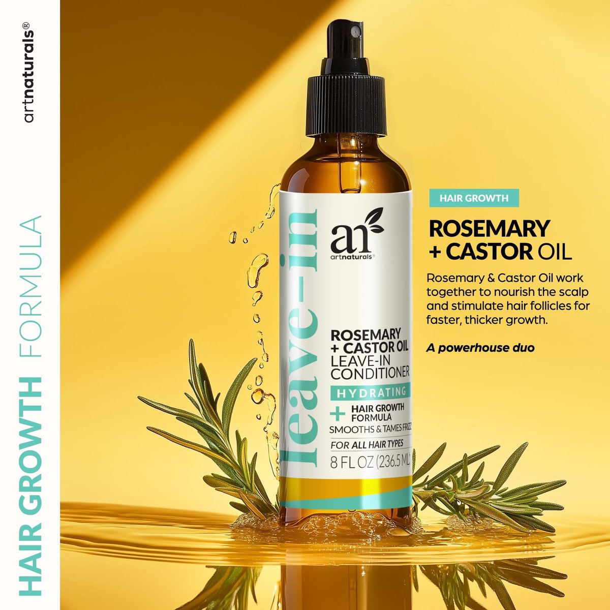 Artnaturals Rosemary & Castor Oil Leave-In Conditioner – 8 Fl Oz – Organic & Natural Ingredients for Damaged Hair, All Hair Types - görsel 5