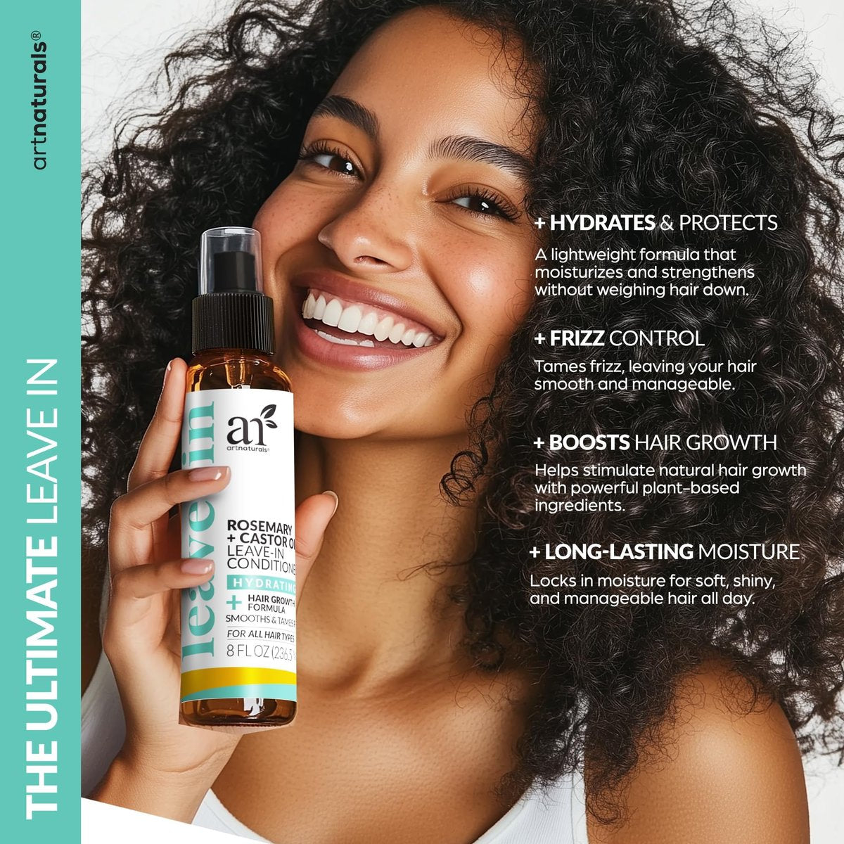 Artnaturals Rosemary & Castor Oil Leave-In Conditioner – 8 Fl Oz – Organic & Natural Ingredients for Damaged Hair, All Hair Types - görsel 3