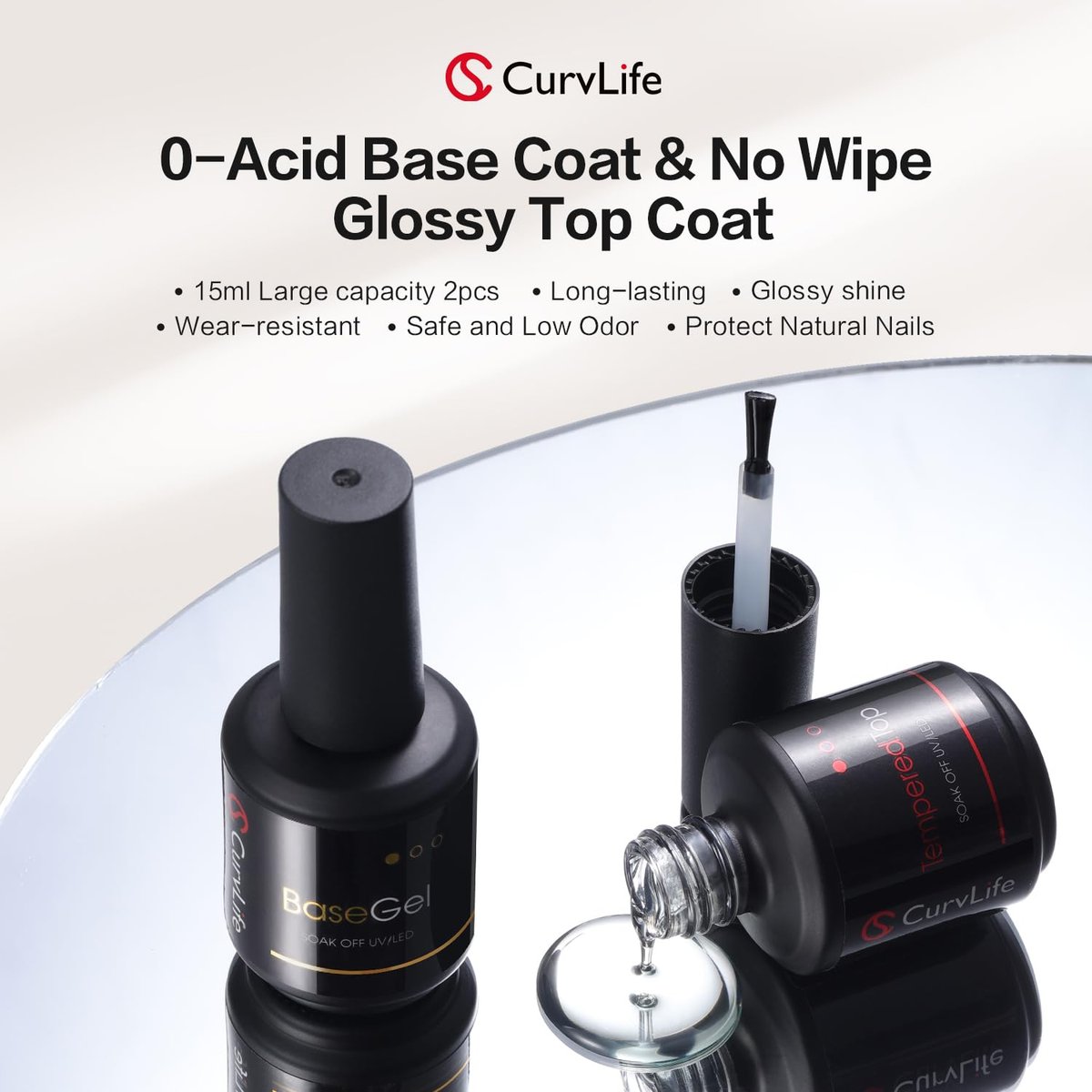 CurvLife 15ml No Wipe Top Coat & Base Coat Set - Clear Glossy Gel Nail Polish for UV/LED Curing - Long Lasting Shiny Finish Avelisse