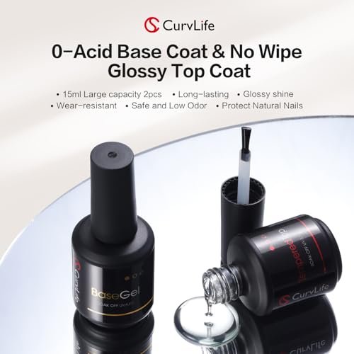 CurvLife 15ml No Wipe Top Coat & Base Coat Set - Clear Glossy Gel Nail Polish for UV/LED Curing - Long Lasting Shiny Finish Avelisse